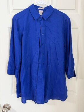 Chico's Cobalt Blue No Iron Linen 3/4th sleeve button front blouse